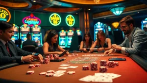 Experience intense gaming action with rikvip, showcasing poker chips, cards, and vibrant slot machines.