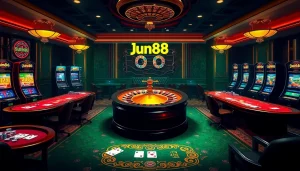 Exciting online gambling action featuring Jun88 at https://jun886.dev/ with roulette wheel and poker chips.