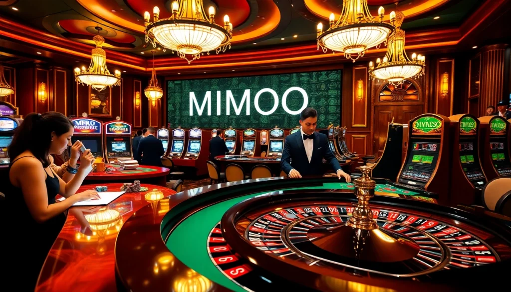 MMOO excitement at a luxury casino with players at roulette and slot machines.