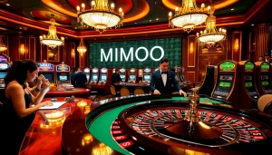 MMOO excitement at a luxury casino with players at roulette and slot machines.