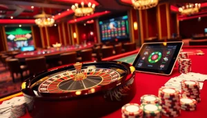 Win big at the casino with RR888 gaming chips and a roulette table in action.