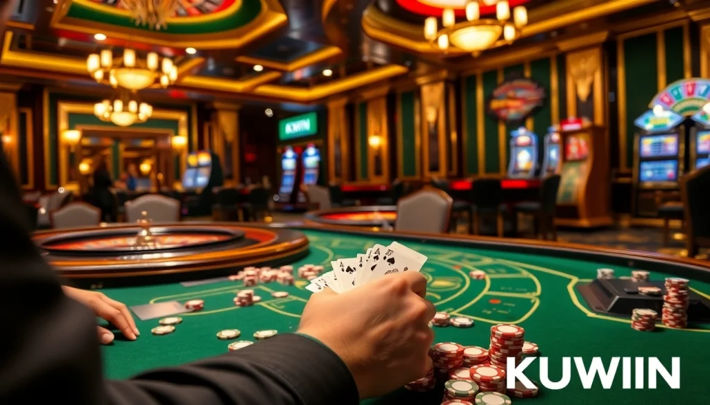 KUWIN casino scene featuring a poker player and vibrant gaming elements.