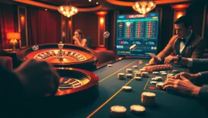Players engaging in thrilling actions with luck8 casino chips at an elegant roulette table.