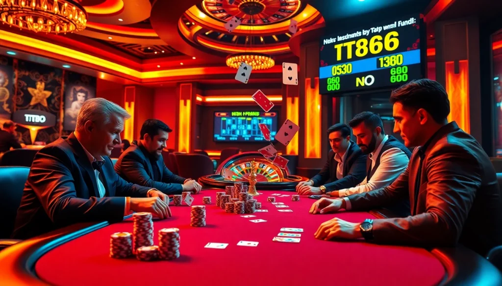 A thrilling poker game in a luxurious casino highlighting action from https://tt88.fund/ with vibrant lighting and intense players.