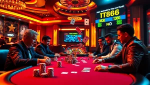 A thrilling poker game in a luxurious casino highlighting action from https://tt88.fund/ with vibrant lighting and intense players.
