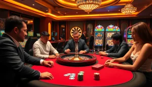Players enjoying an exciting game at bem88 casino with poker chips and roulette wheel.