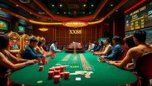 Engage in thrilling gameplay at XX88 casino tables with vibrant poker chips and roulette.