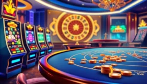 Experience thrilling Onicplay gaming with luxury slot machines and poker tables in a dynamic online casino scene.