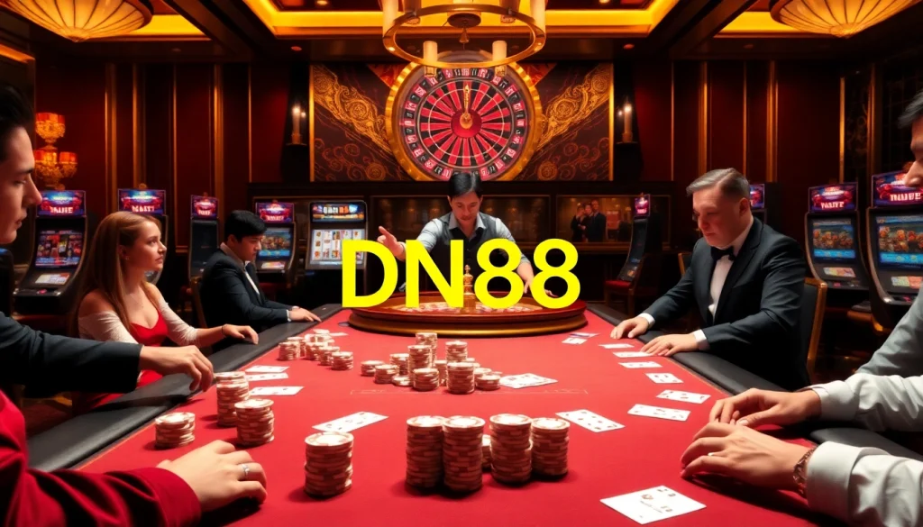 Experience the thrill of DN88 at a vibrant casino table with poker action and slot machines.