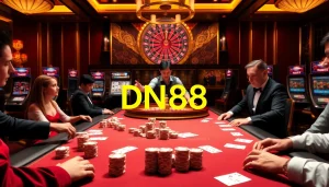 Experience the thrill of DN88 at a vibrant casino table with poker action and slot machines.