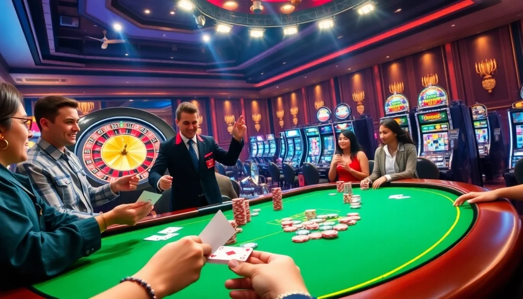 Players enjoying a thrilling game at 58win's luxurious casino tables, showcasing vibrant gambling excitement.
