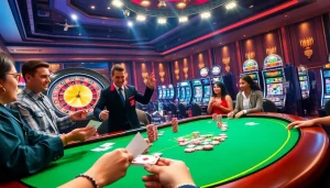 Players enjoying a thrilling game at 58win's luxurious casino tables, showcasing vibrant gambling excitement.
