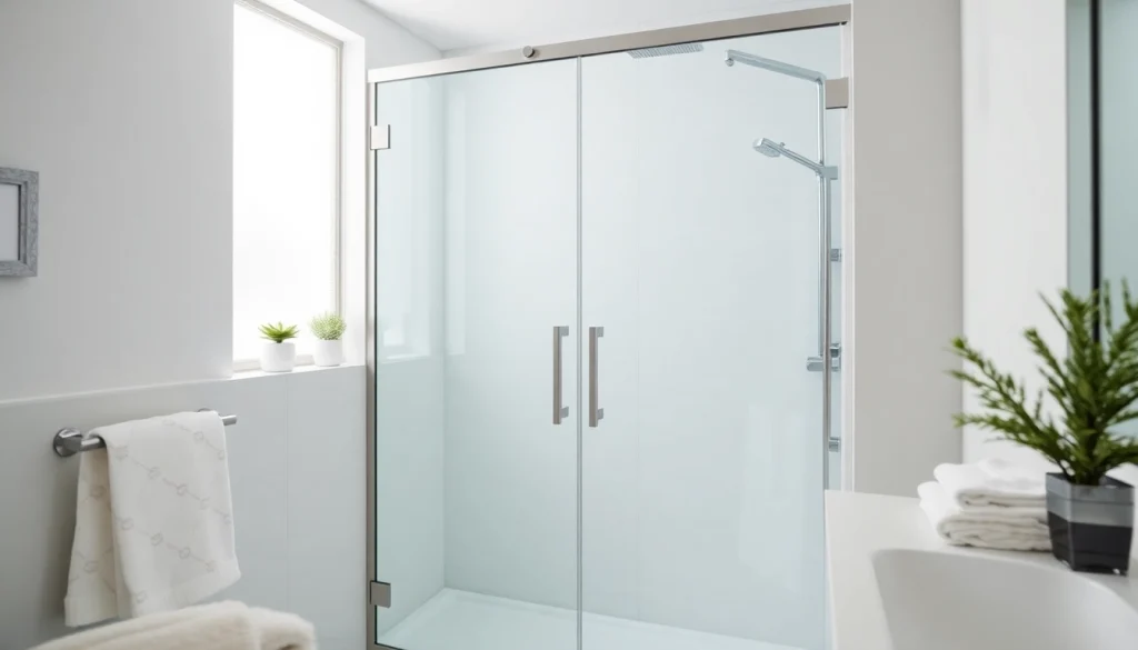 Beautiful sliding shower doors reflecting light and enhancing a modern bathroom space.