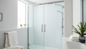Beautiful sliding shower doors reflecting light and enhancing a modern bathroom space.