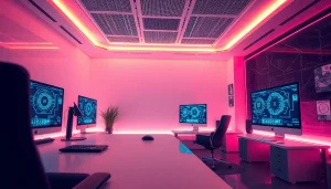 Futuristic digital workspace blending AI technology with ai nsfw art.