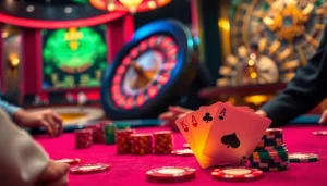 Engaging poker game at a luxurious casino table representing xx88 com, filled with vibrant chips and cards.