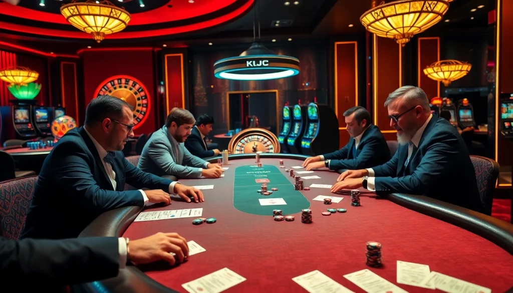 KJC gamblers strategizing at a poker table in a luxurious casino setting.
