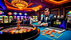 Experience thrilling gameplay at https://lc88.supply/ with a luxurious casino scene featuring roulette and blackjack.