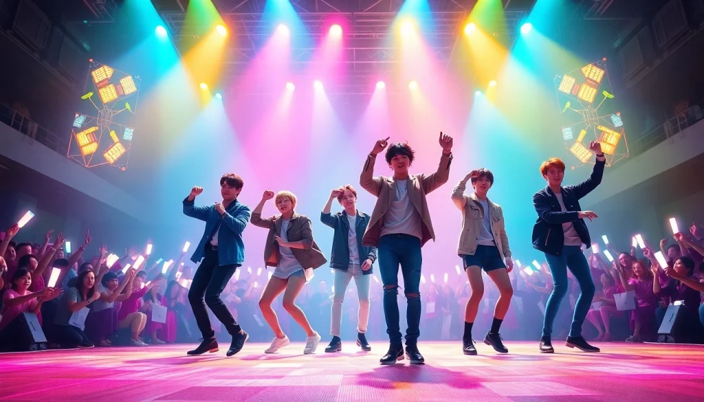 BTS news highlights energetic concert performance by the members with colorful lighting.