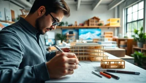 Architekturmodellbau Freiburg: Detaillierte Modellbauwerkstatt mit Modell und Werkzeugen.