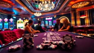 Experience thrilling action at 7upbet's poker table with high-quality chips and vibrant casino lights.