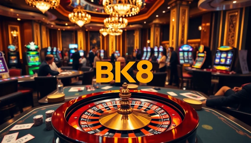 Experience the thrill of gambling with BK8 at a vibrant casino table layout bustling with action.