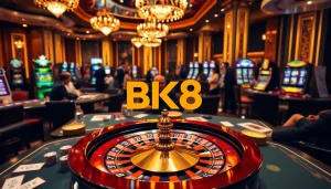 Experience the thrill of gambling with BK8 at a vibrant casino table layout bustling with action.