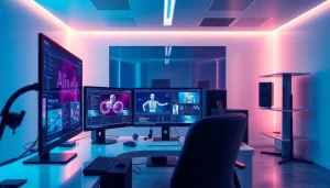 A depiction of advanced AI technology in a modern studio for creating porn ai content, showcasing sleek interfaces and vibrant colors.