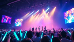 Engaging BTS news concert scene with vibrant crowd and bright lights.