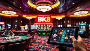 Experience the excitement of BK8 with vibrant casino games and professional gamblers engaged in action.