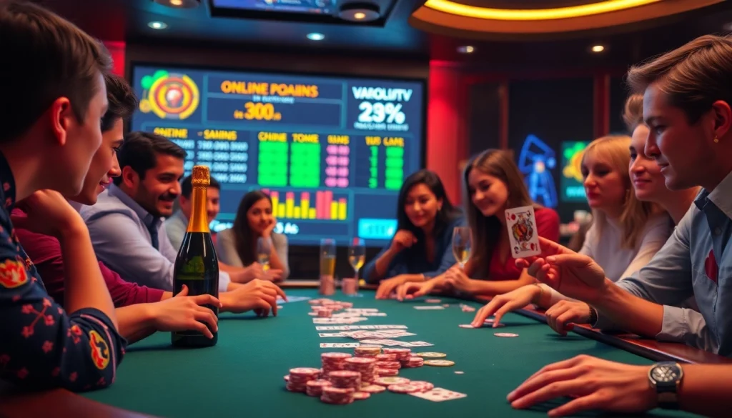 Players enjoying poker at a luxurious casino powered by https://vaoluoitv.it.com, showcasing excitement and strategy.