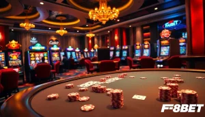 F8BET offers an exhilarating poker experience at a vibrant casino table filled with high-stakes chips.