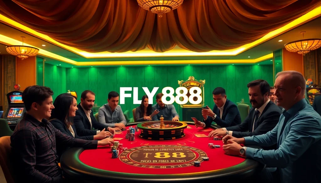 Engaged players enjoying a thrilling poker game at FLY 88 casino, with vibrant chips and a roulette wheel.