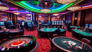 Players enjoying intense card games and vibrant slot machines at mm88 casino.