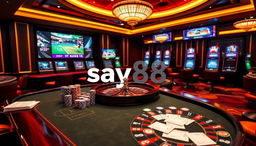 Experience the thrill of online gambling at say88 with a vibrant poker table and exciting betting action.