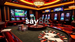 Experience the thrill of online gambling at say88 with a vibrant poker table and exciting betting action.