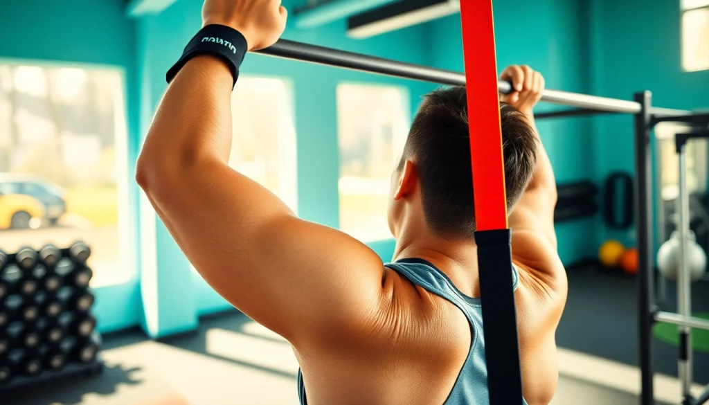 Fitness enthusiast using assisted pull-up bands in a modern gym.