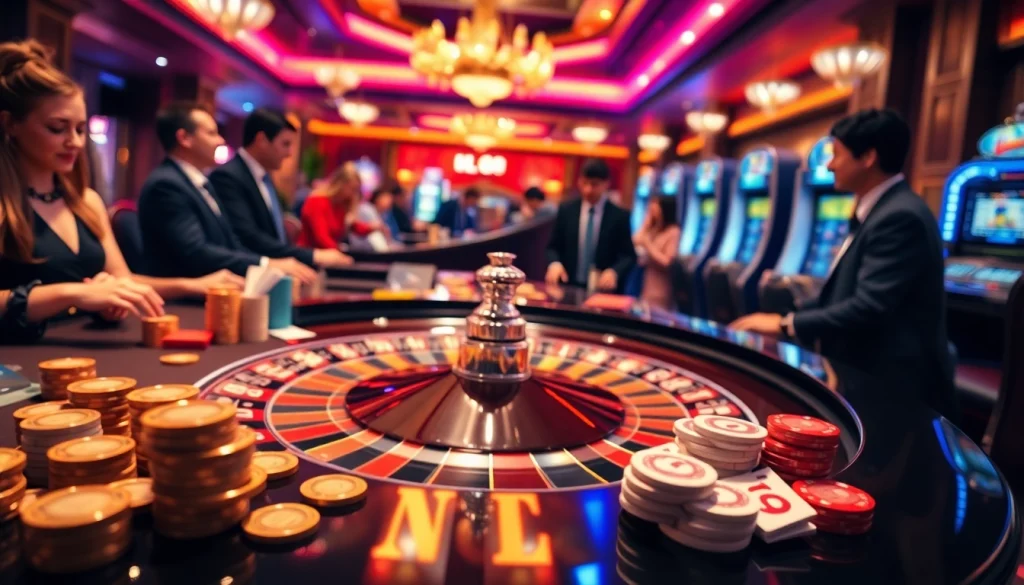 Excited players engage at a luxurious LC88 casino table featuring roulette, poker chips, and vibrant light.