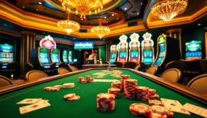 Engage in thrilling gameplay at onicplay with poker chips and roulette wheels in a luxurious casino setting.