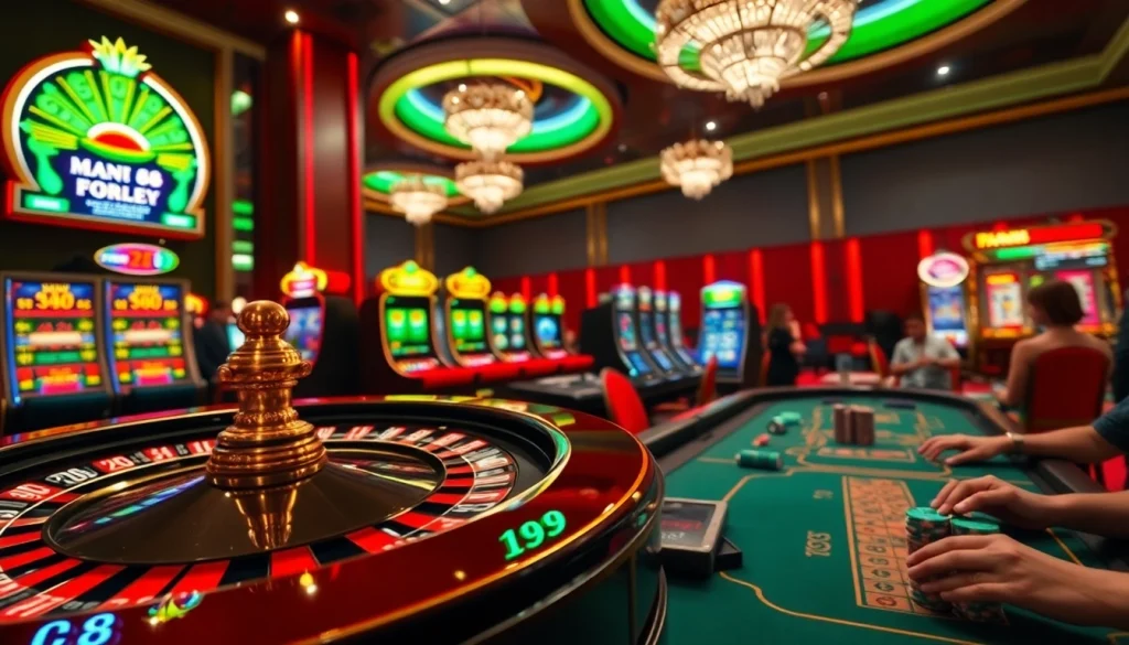 Join the excitement at Man88 with players enjoying roulette and poker in a vibrant casino.