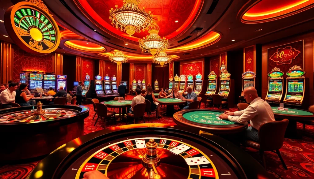 KP88 casino environment with players at poker tables and a roulette wheel, showcasing excitement and luxury.
