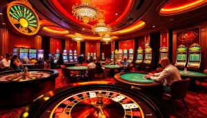 KP88 casino environment with players at poker tables and a roulette wheel, showcasing excitement and luxury.
