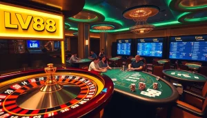 Players enjoying a thrilling game at LV88's luxurious casino tables.