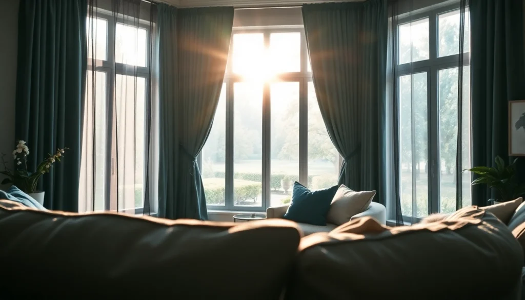 Verduisterende gordijnen in een stijlvolle woonkamer creëren een gezellige en donkere sfeer.