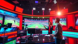 Hosts engaged in Sports Broadcasting in a dynamic studio setting with high-tech displays.