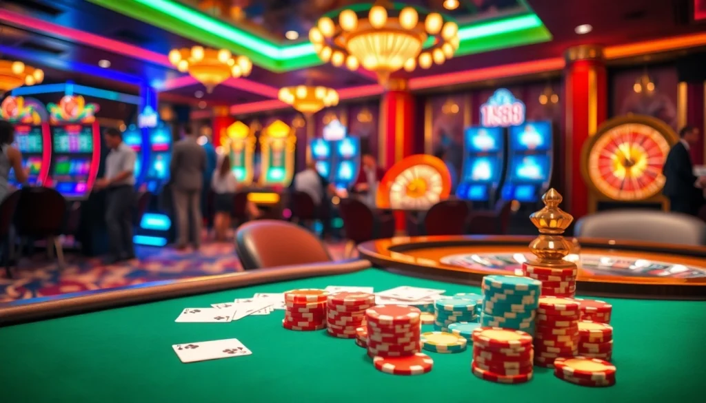 Play exciting casino games featuring NK88 with vibrant poker tables and roulette wheels.