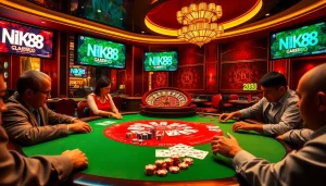 Engaging players at a luxury poker table with NK88 promotions visible in the vibrant casino atmosphere.