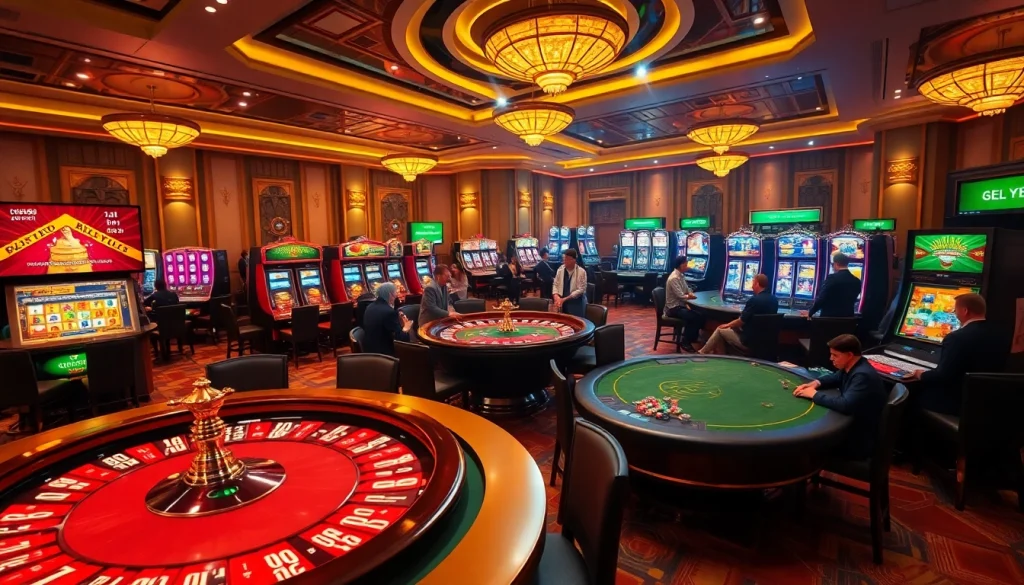 DOLA789 players enjoying a vibrant casino scene with poker and slot machines.