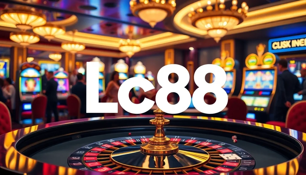 Exciting Lc88 casino scene with roulette table, luxurious decor, and players enjoying their games.