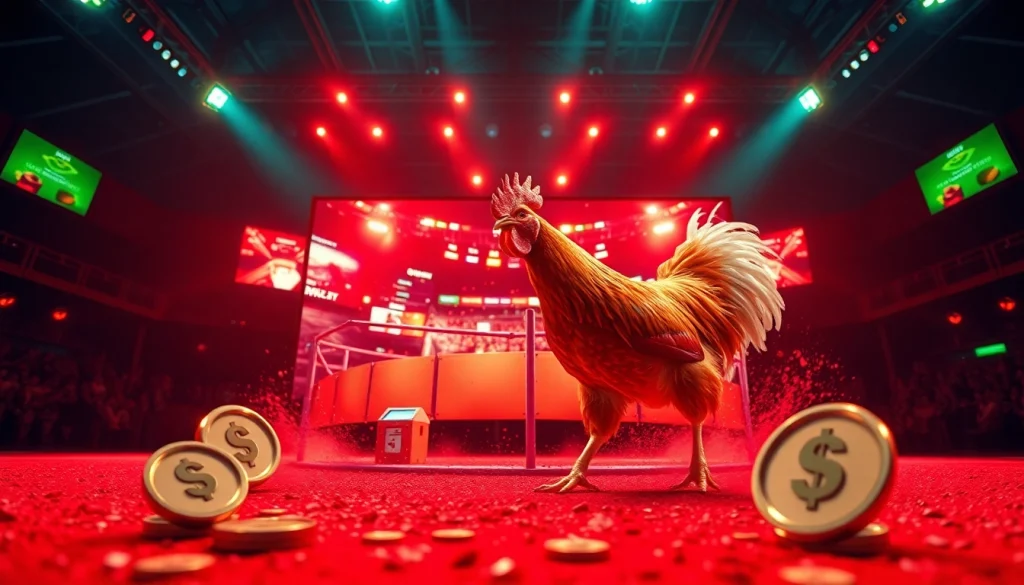 Engaging betting platform interface showcasing live chicken fighting at dagawin.live with vibrant graphics.